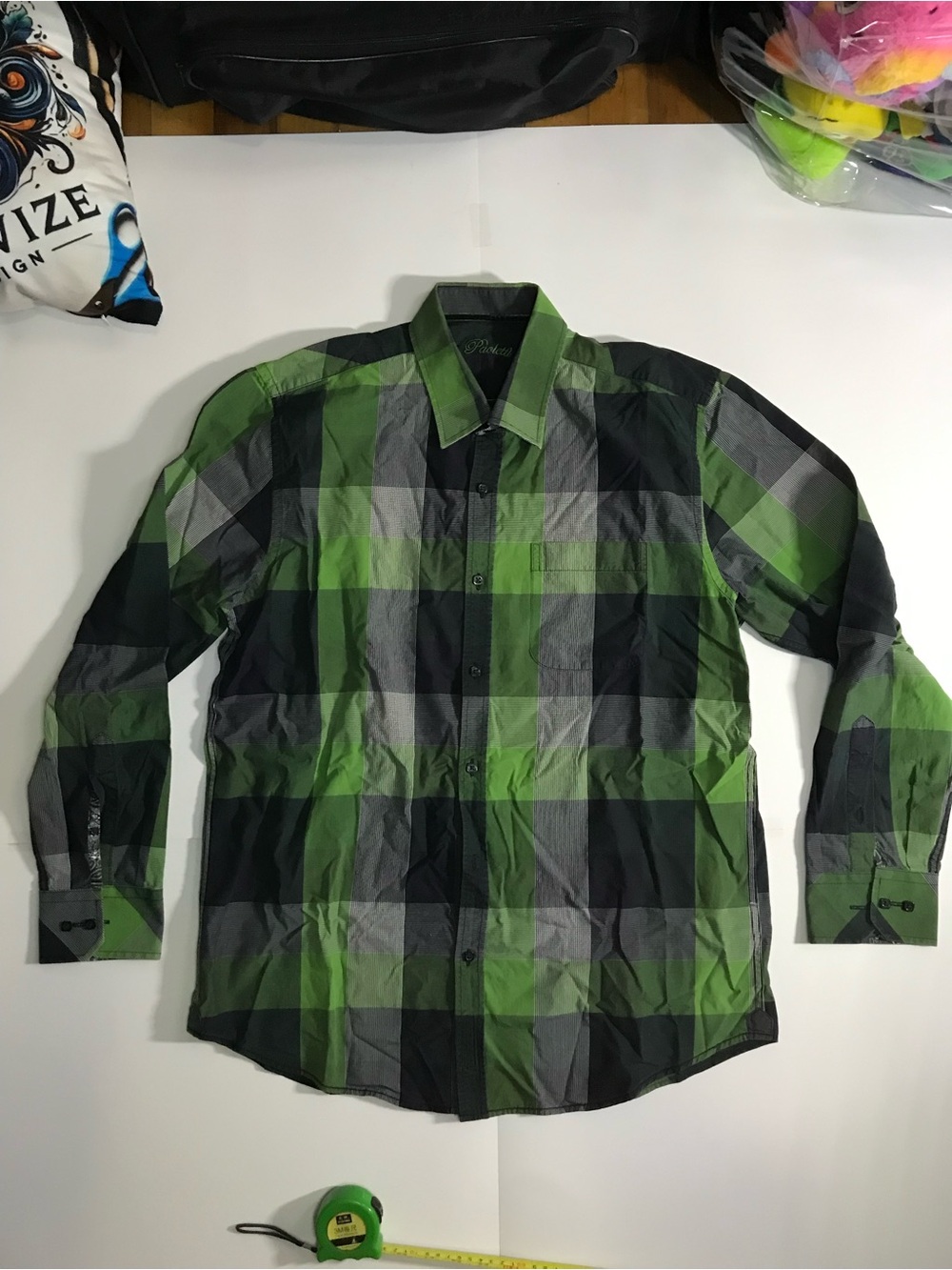 Paoletti Mens Long Sleeve Button Down Shirt Green Black Gray Plaid M